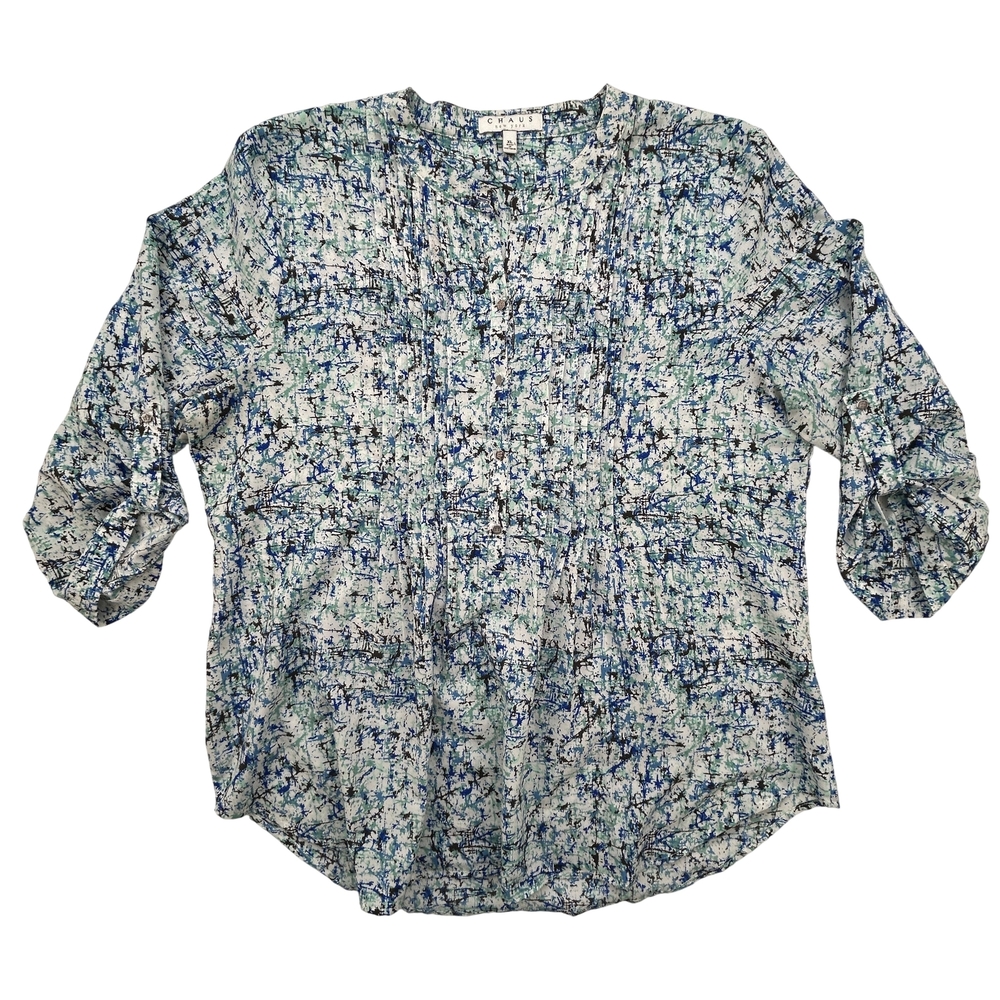 Chaus Shirt Womens XL Crinkle Blouse Abstract Print Pleated Front Lightweight